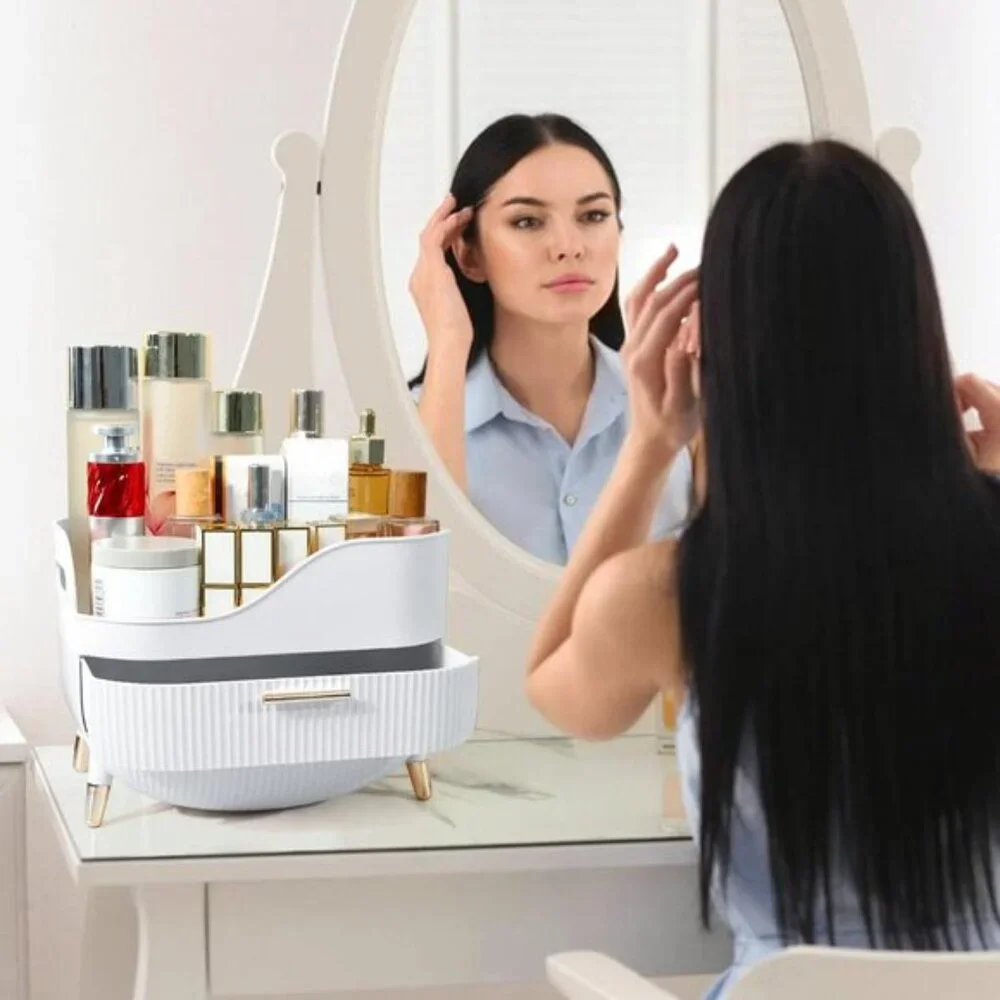 Makeup Organizer for Vanity, Large Skincare Storage Box with 2 Drawers - White